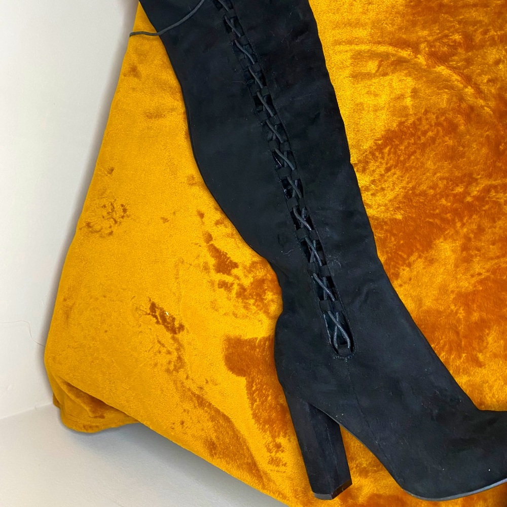 Black Peek a Boo Lace Up Over the Knee Heel Boots